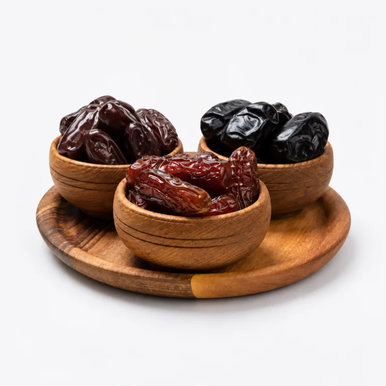 Different Iranian date varieties in three wooden bowls